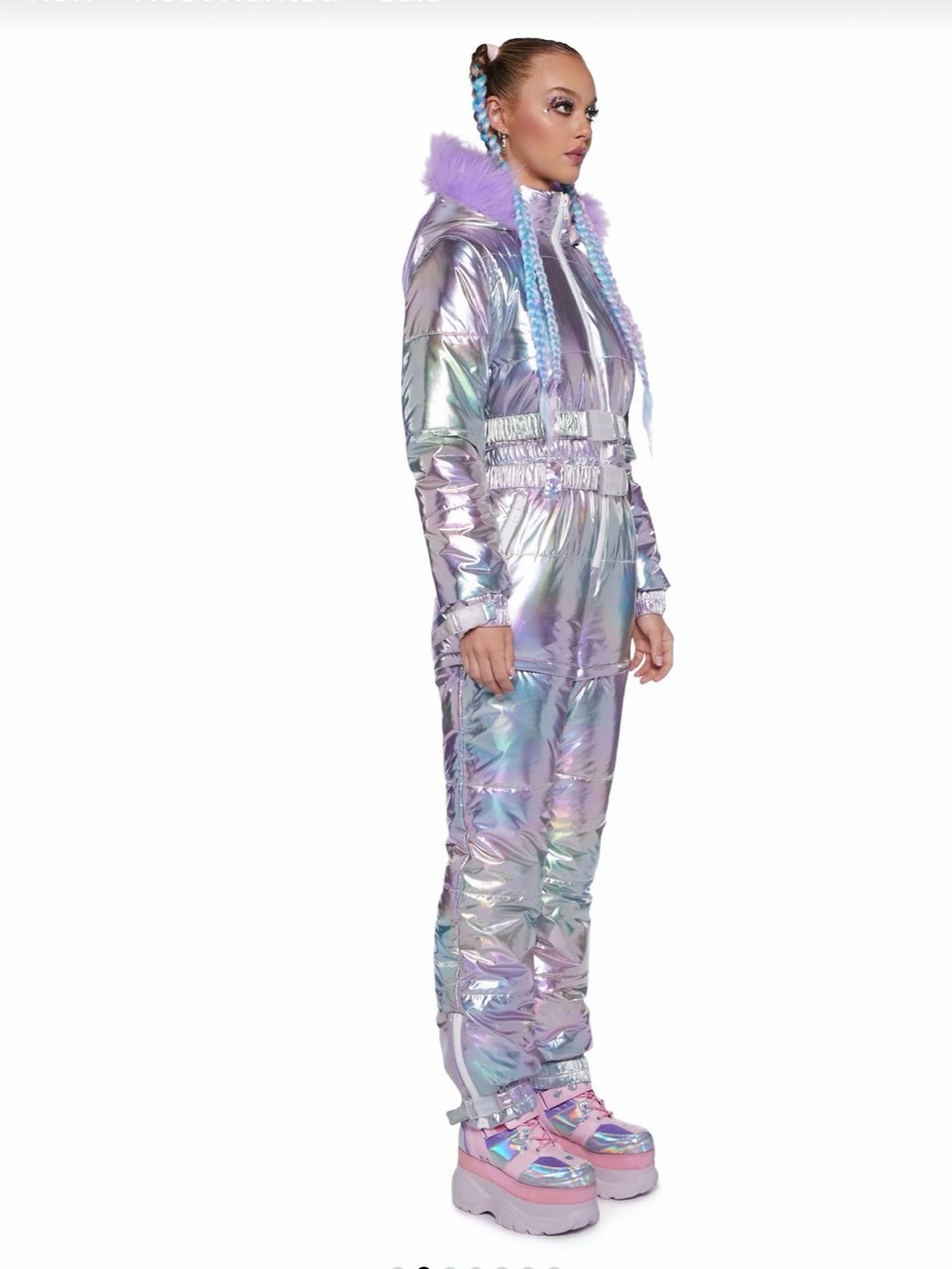 Iridescent Lavender Holographic Women's Jumpsuit with Faux Fur Trim